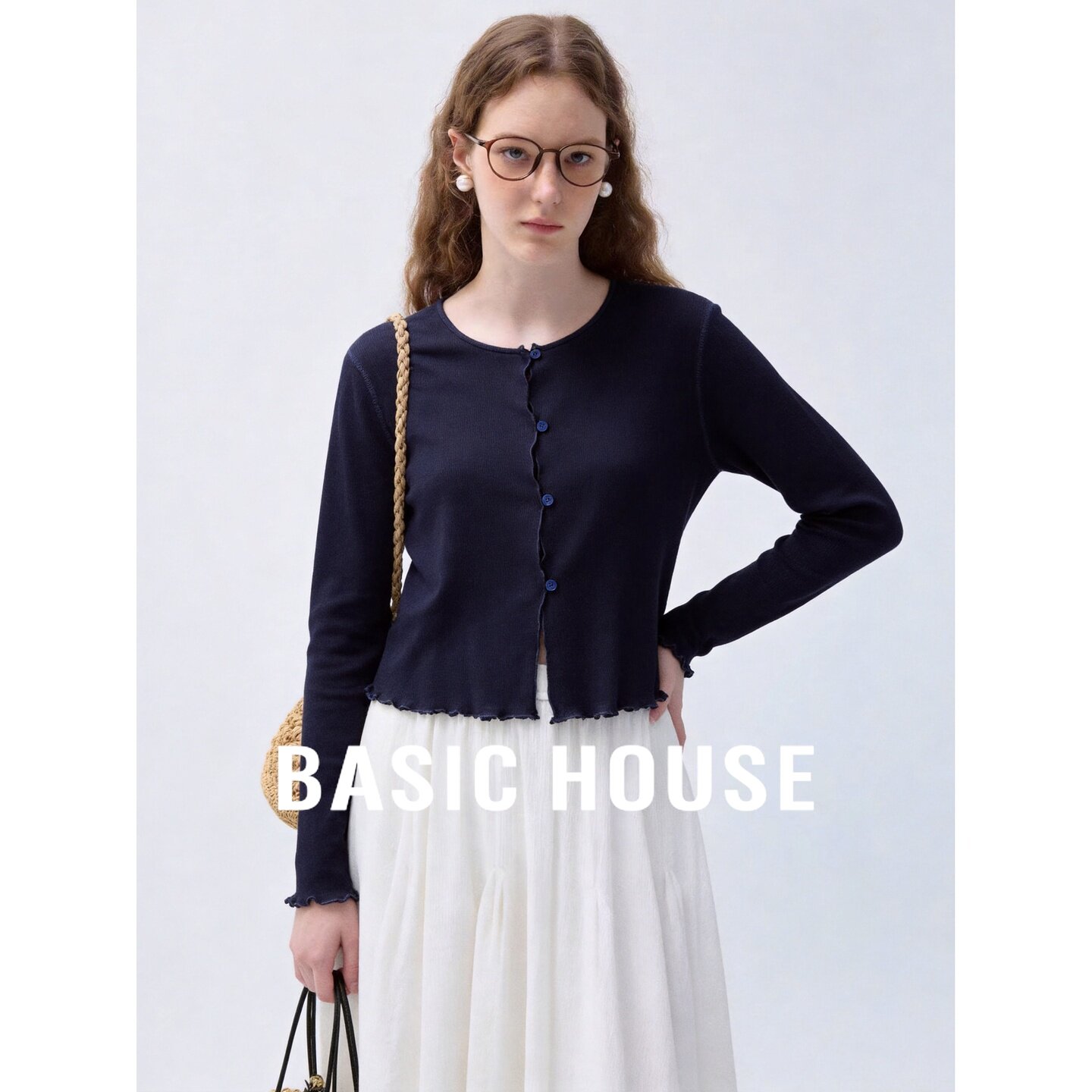 Basic House/百家好圆领长袖T恤修身单排扣女韩版深蓝色针织开衫
