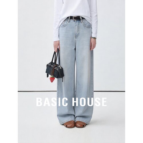 Basic House/百家好莱赛尔高腰阔腿裤女装宽松直筒通勤极简牛仔裤