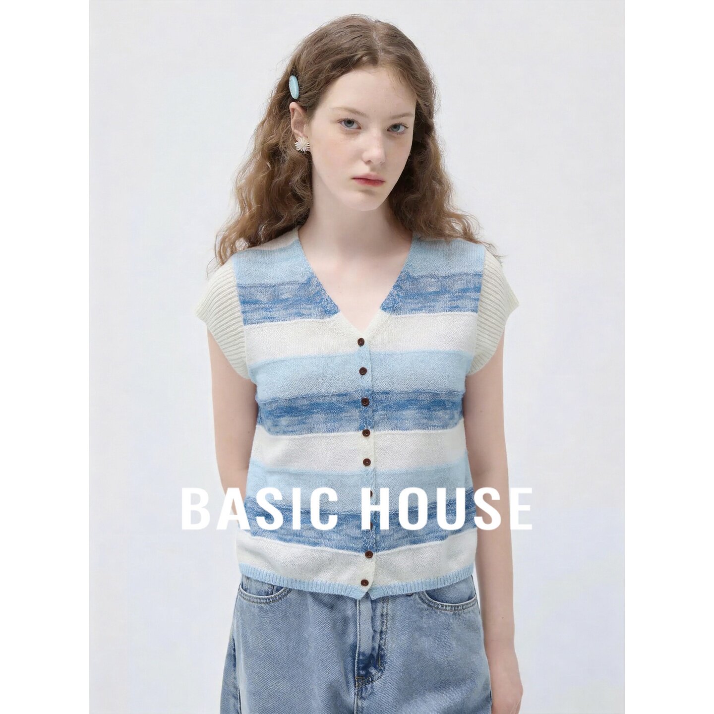 Basic House/百家好韩系V领条纹针织衫女夏薄款百搭撞色短袖上衣