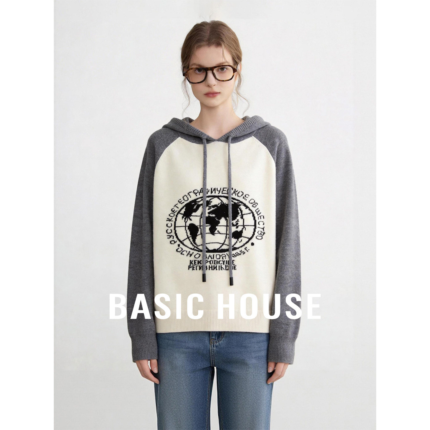 Basic House/百家好美式复古拼色连帽毛衣女26秋季设计感针织上衣