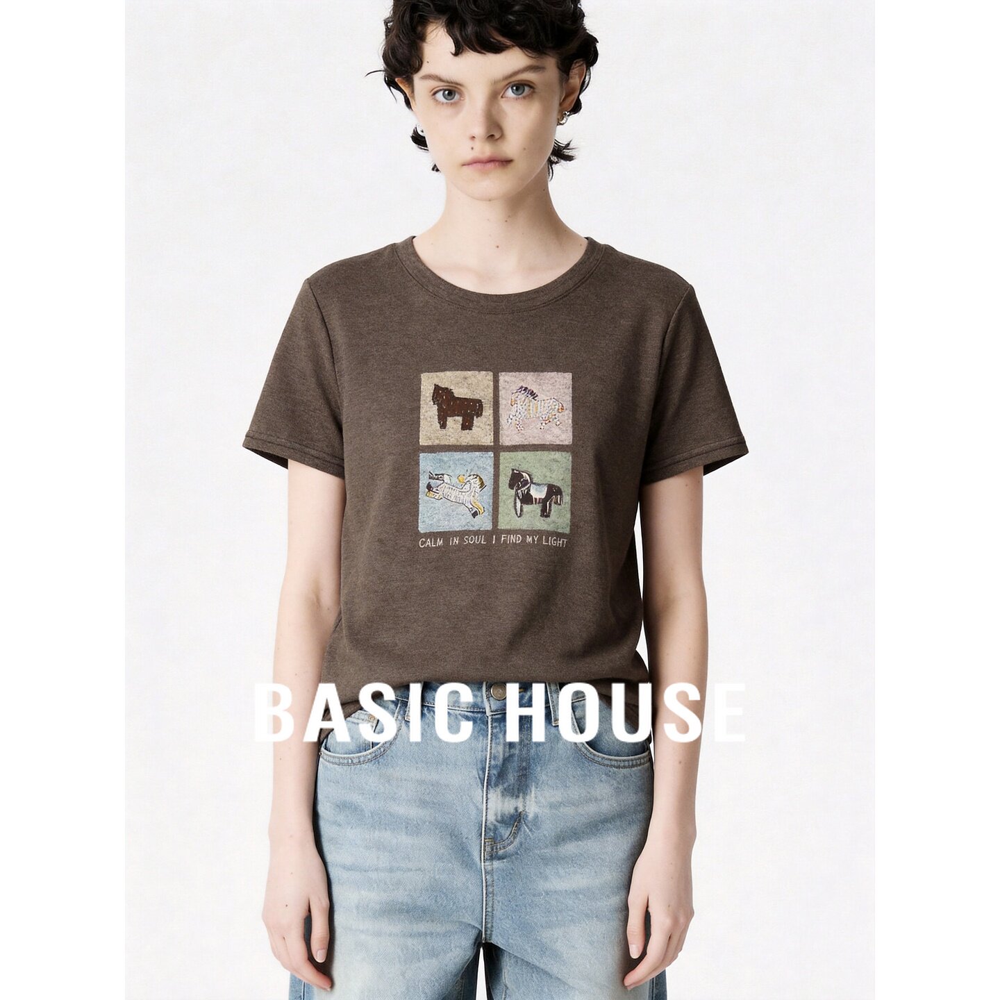 Basic House/百家好咖啡色动物印花短袖T恤时尚圆领显瘦百搭上衣
