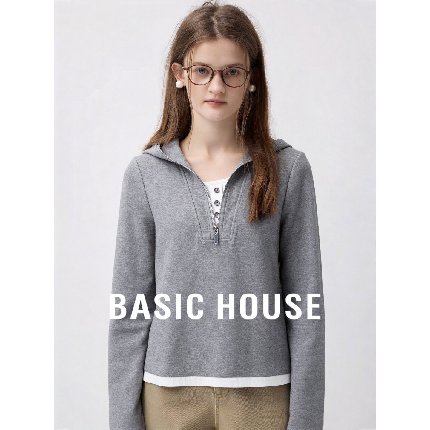 Basic House/百家好假两件连帽卫衣女长袖修身半拉链灰色韩版极简