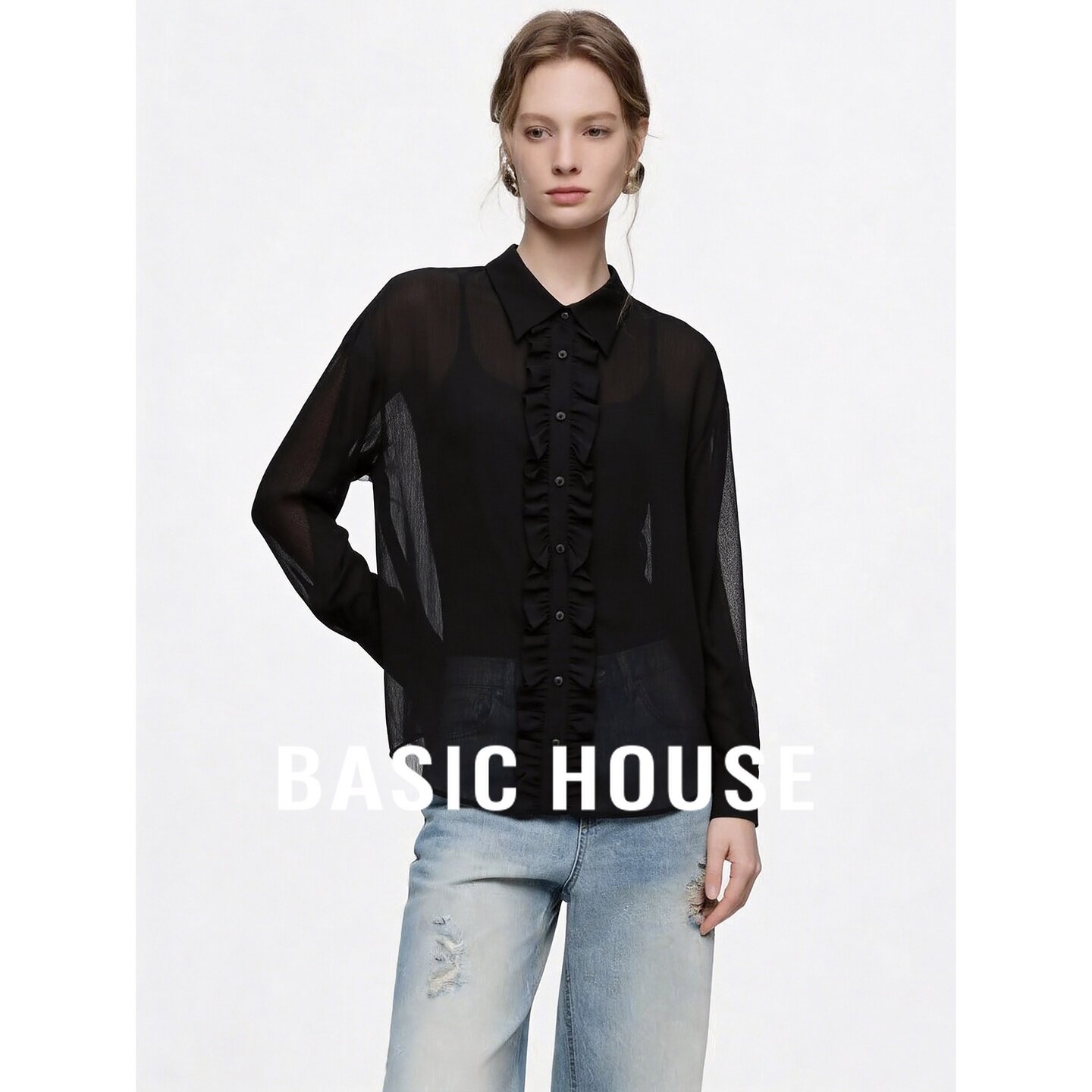 Basic House/百家好法式黑色翻领长袖衬衫宽松抽褶设计女简约百搭