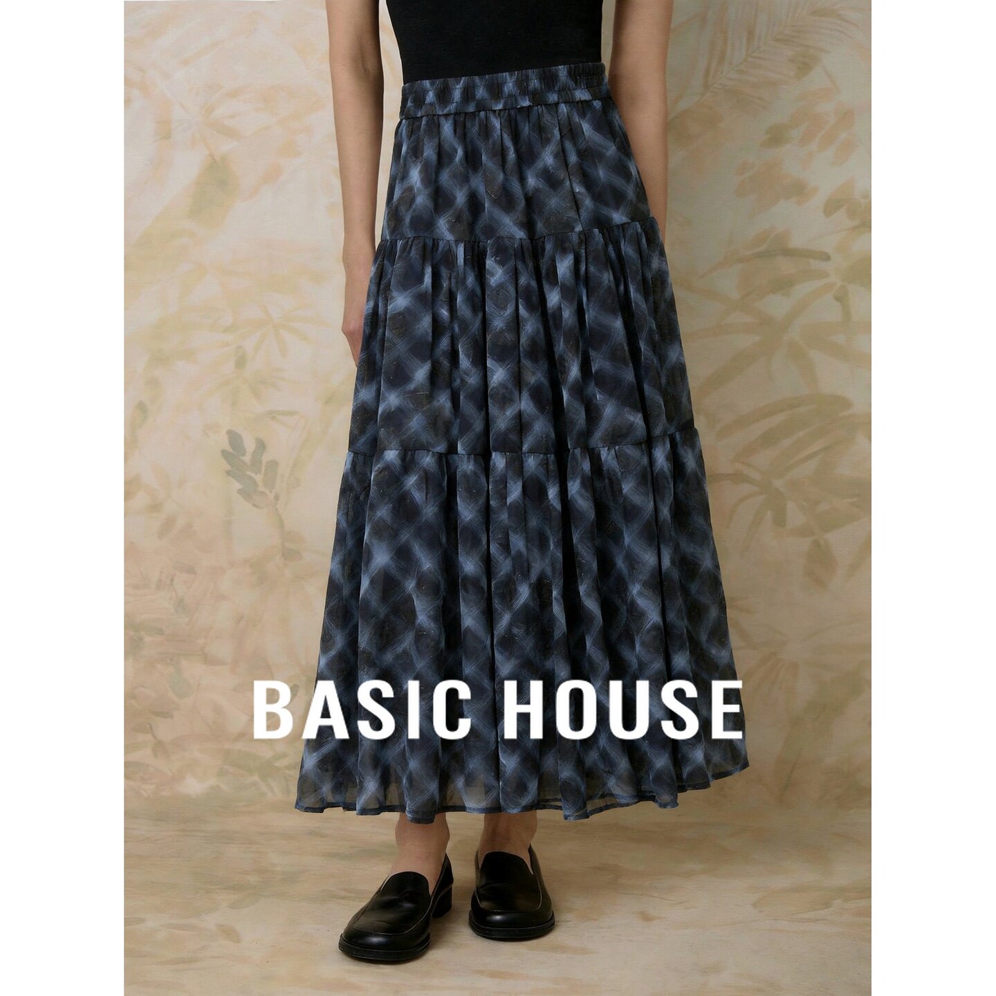 Basic House/百家好文艺复古格纹半身裙高腰大摆A字裙显瘦百褶裙