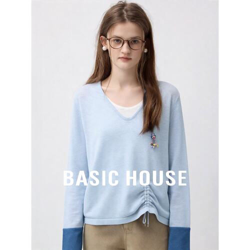 Basic House/百家好浅蓝色抽绳设计V领假两件针织衫女休闲舒适