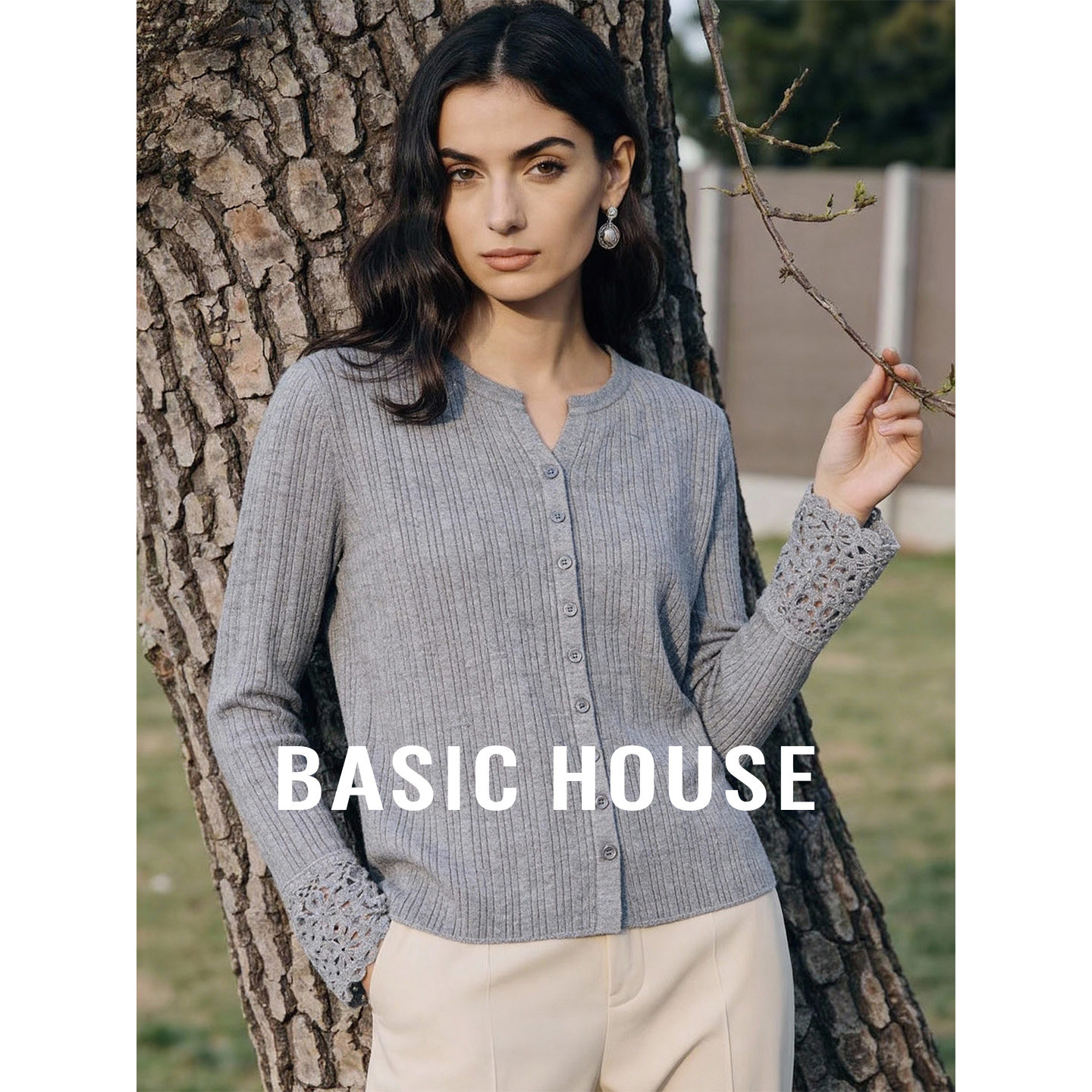 Basic House/百家好灰色拼接小众设计羊毛衫女秋季百搭简约上衣