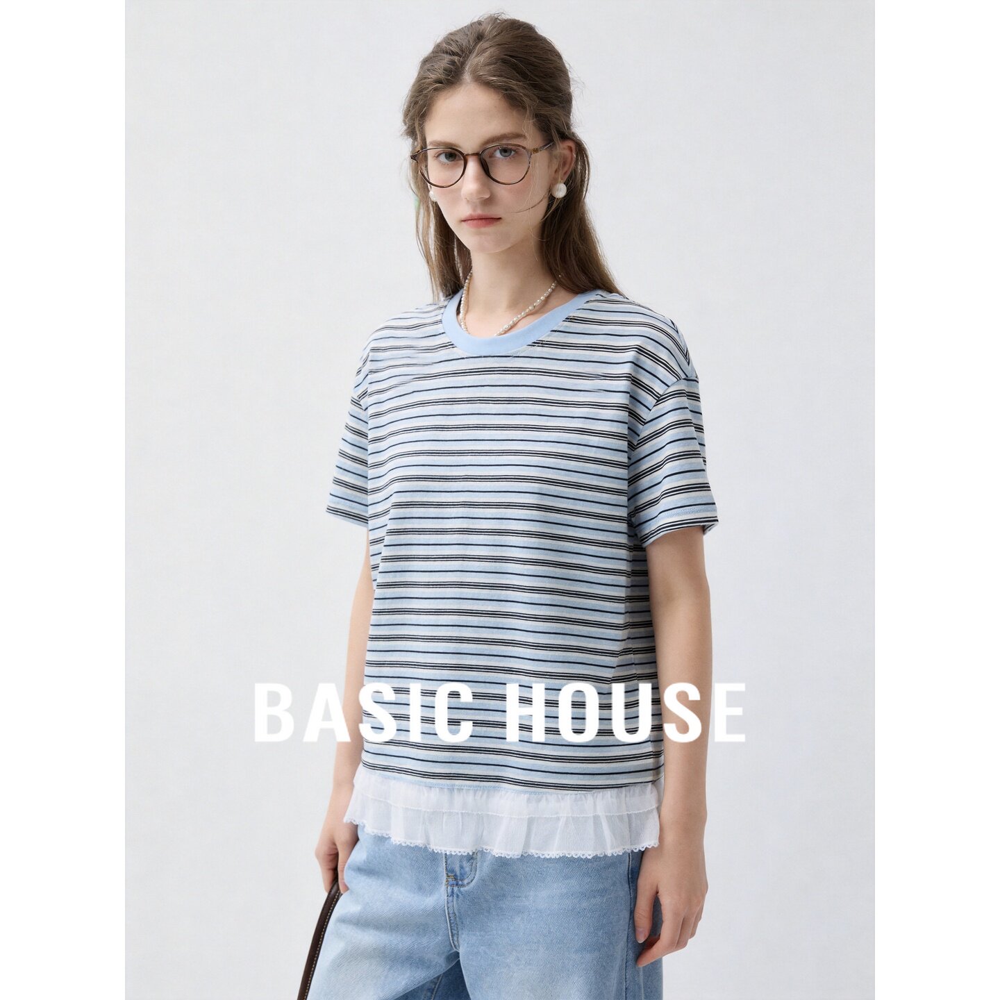 Basic House/百家好百家好蓝色条纹短袖T恤女蕾丝拼接小个子上衣