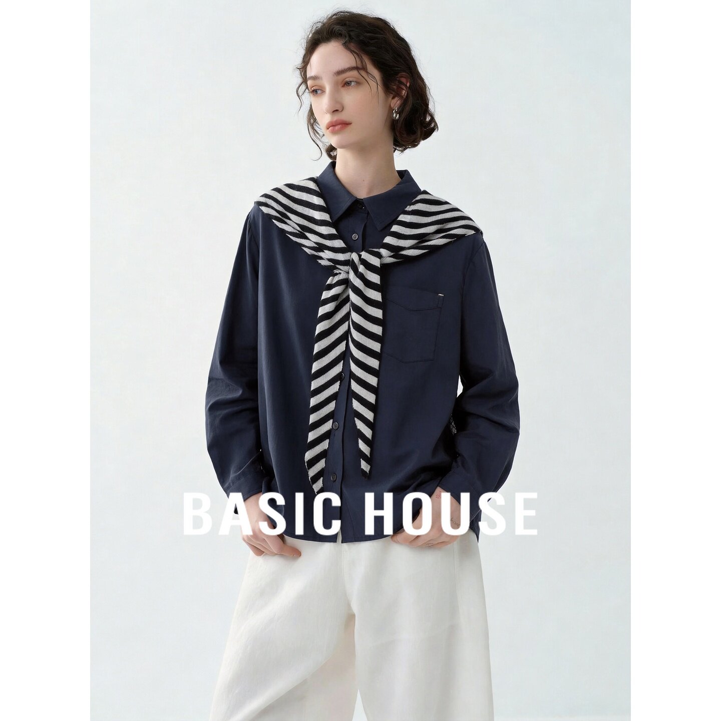 Basic House/百家好莫代尔条纹披肩衬衫女长袖翻领百搭舒适上衣
