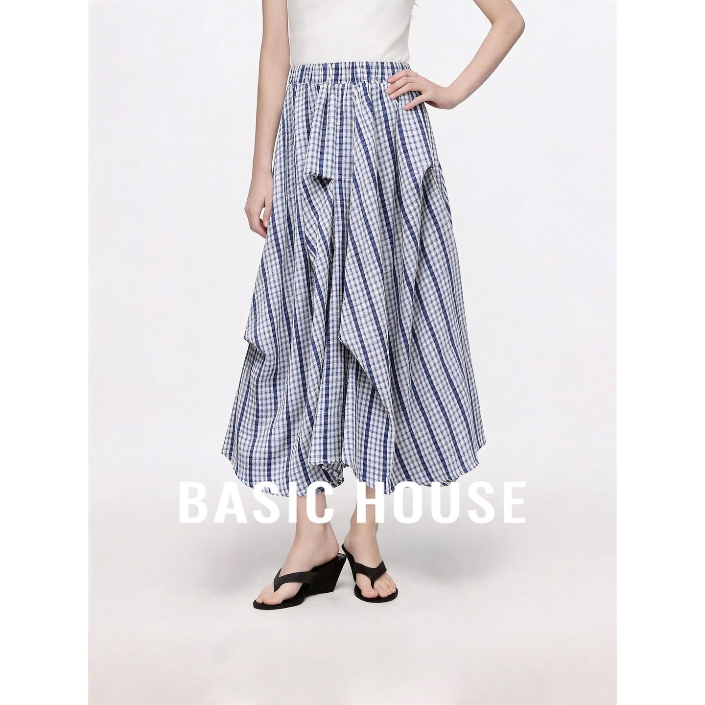 Basic House/百家好格纹不规则A字裙女夏季新款韩版蓝格半身裙