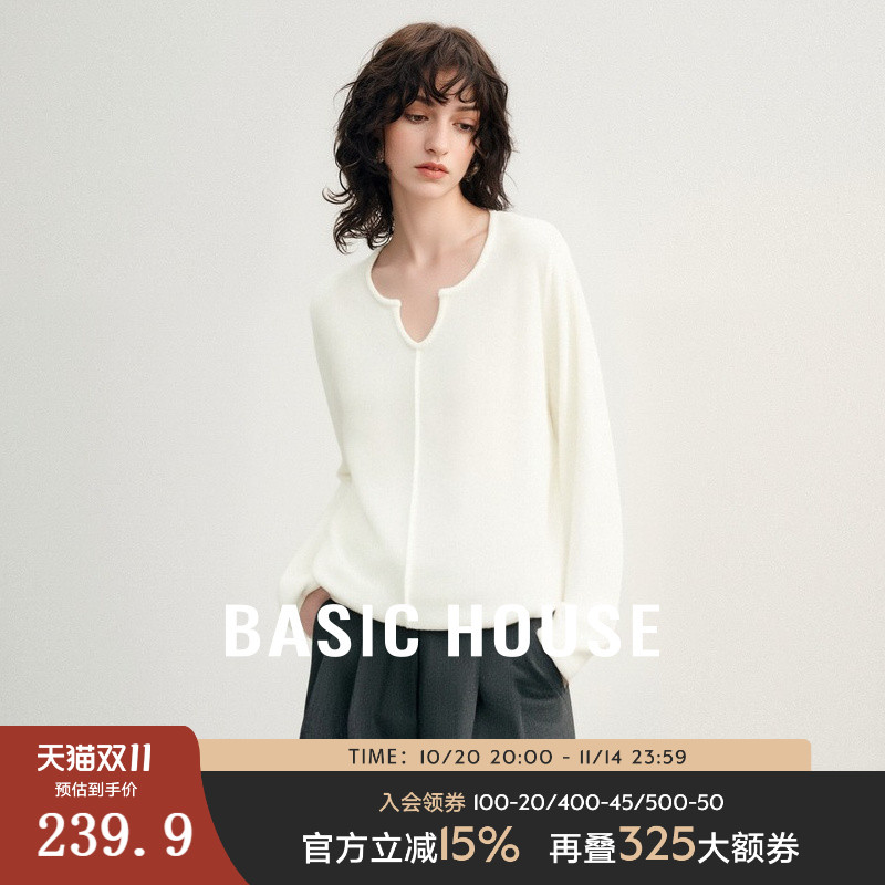 Basic House/百家好莱赛尔简约舒适UV领羊毛衫纯色慵懒风上衣女