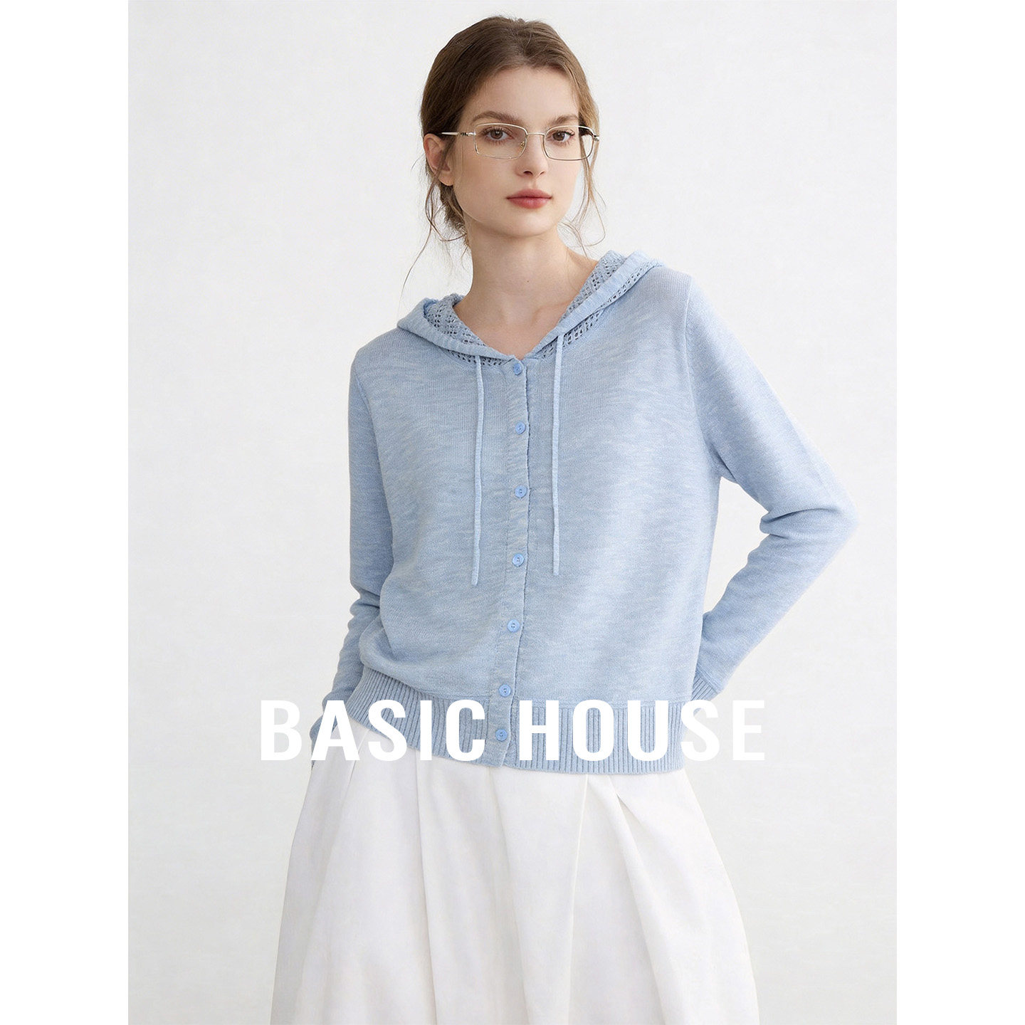 Basic House/百家好蓝色连帽抽绳针织开衫女夏季宽松显瘦外搭毛衫