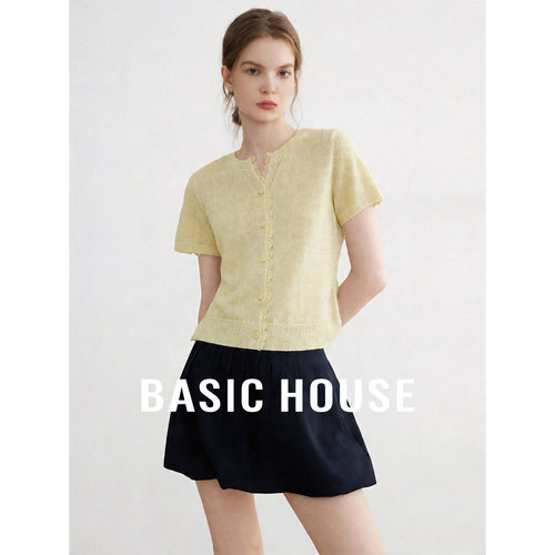 Basic House/百家好26夏纯色V领亮片设计感短袖针织衫女透气上衣