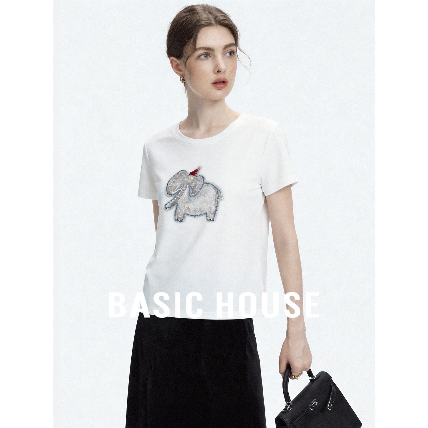 Basic House/百家好卡通小象印花短袖T恤女白色宽松简约上衣夏季