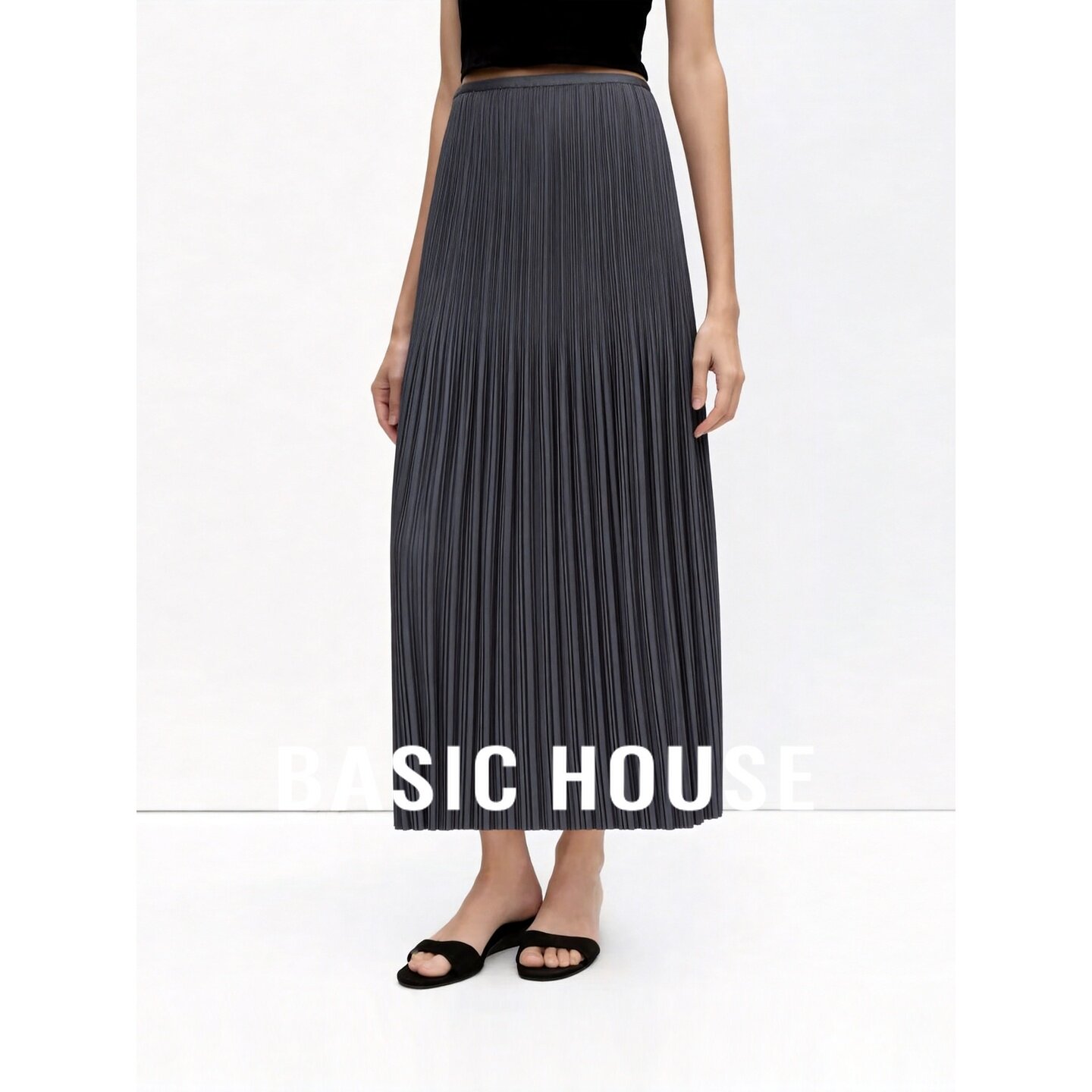 Basic House/百家好知性优雅风百褶半身裙女中长款灰色通勤裙子
