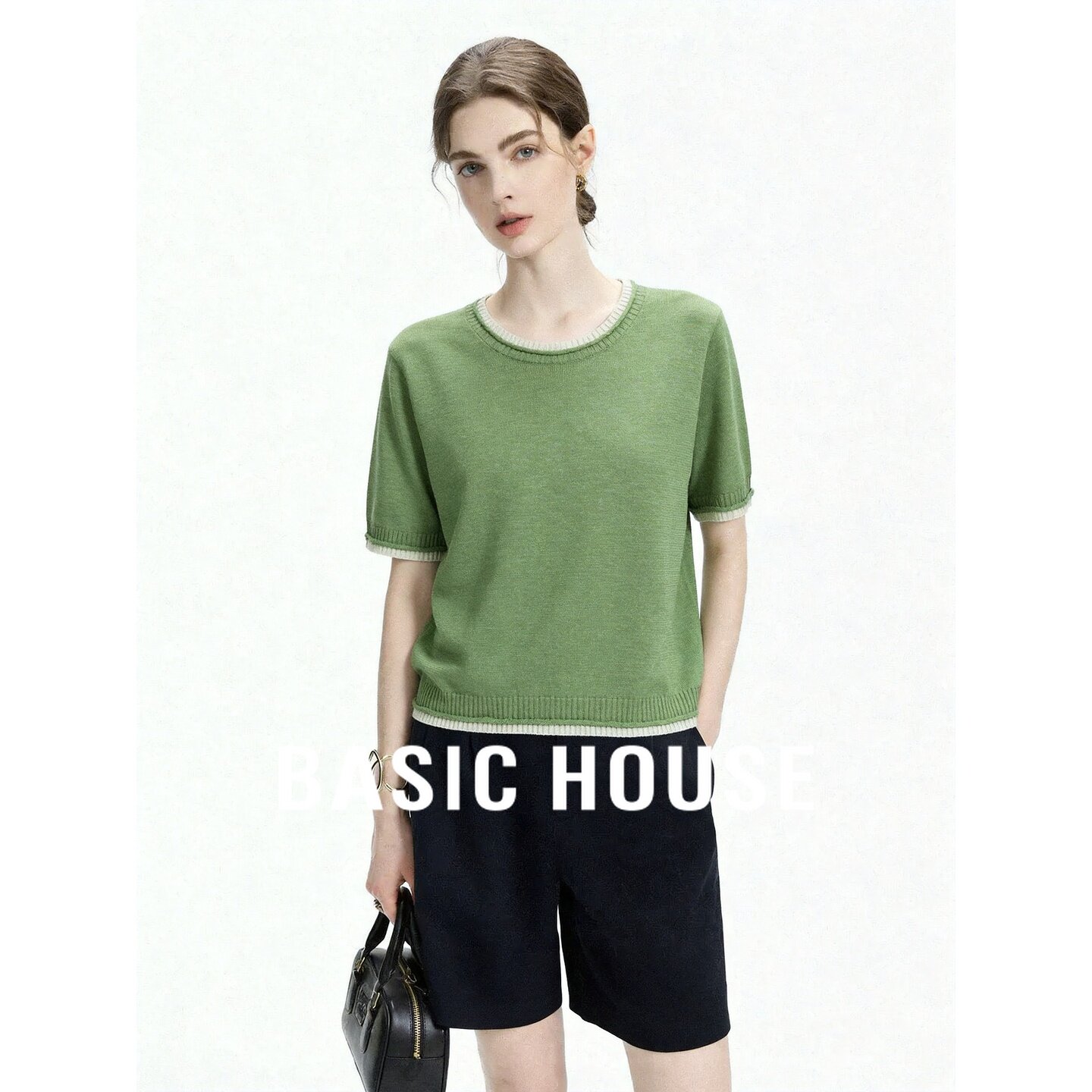 Basic House/百家好简约风撞色领短袖针织衫绿色圆领宽松百搭上衣