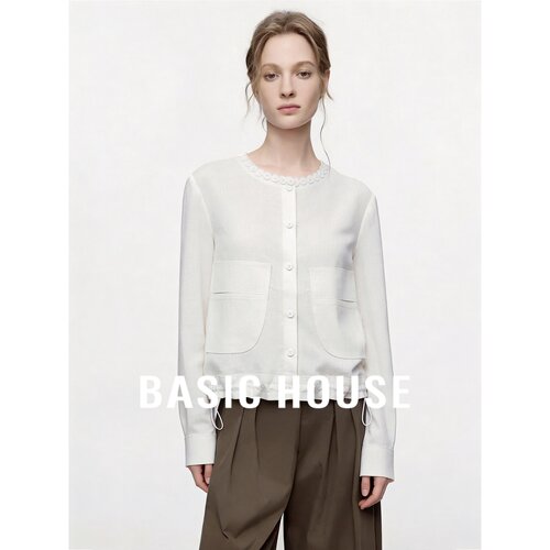 Basic House/百家好亚麻莱赛尔衬衫圆领长袖双口袋蕾丝领边短外套