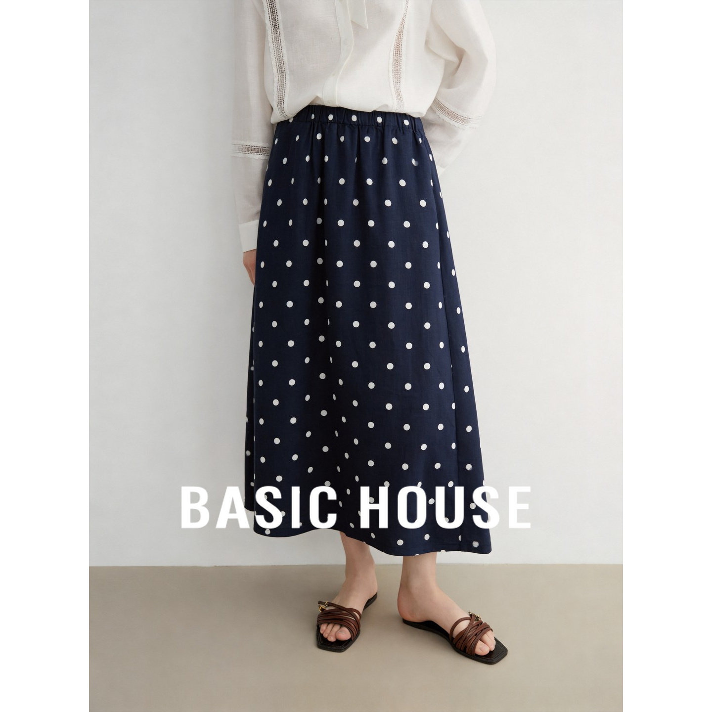 Basic House/百家好波点半身裙女高腰松紧腰A字长裙夏季轻薄纱裙