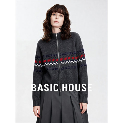 Basic House/百家好26秋冬新款立领费尔岛羊毛开衫女保暖百搭上衣