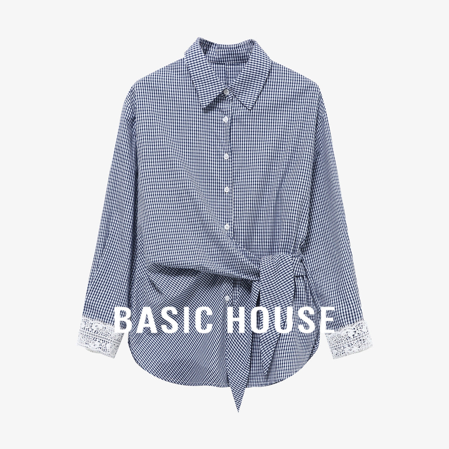 Basic House/百家好格子蕾丝拼接收腰衬衫女夏季设计感百搭上衣
