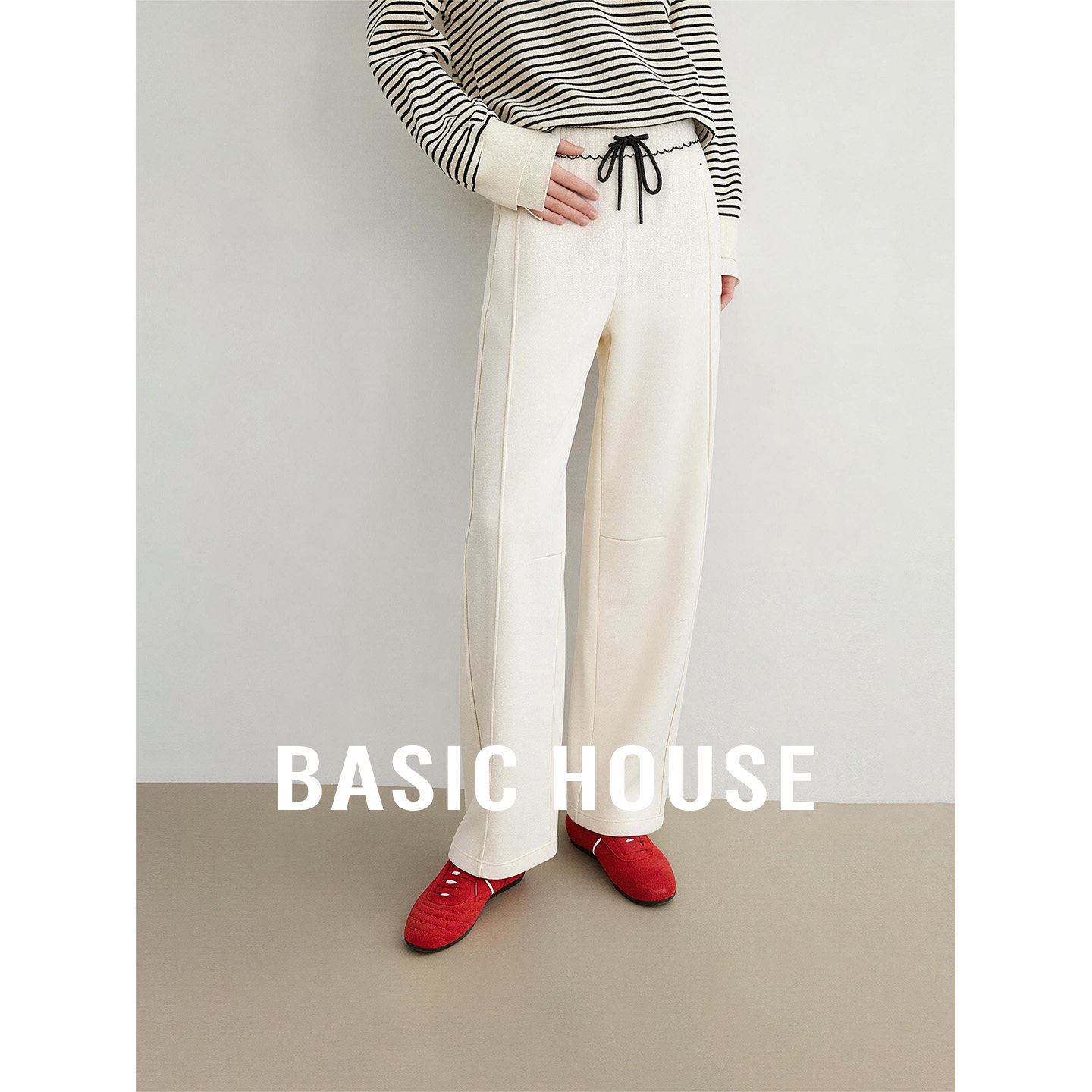 Basic House/百家好白色抽绳系带直筒裤女春季通勤百搭必备休闲裤