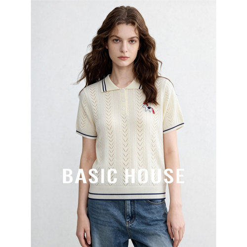 Basic House/百家好2026夏季小众设计感针织衫女刺绣百搭上衣