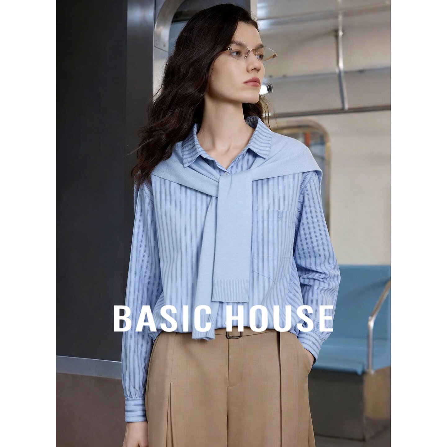 Basic House/百家好条纹衬衫女拼接针织叠穿宽松长袖翻领通勤上衣
