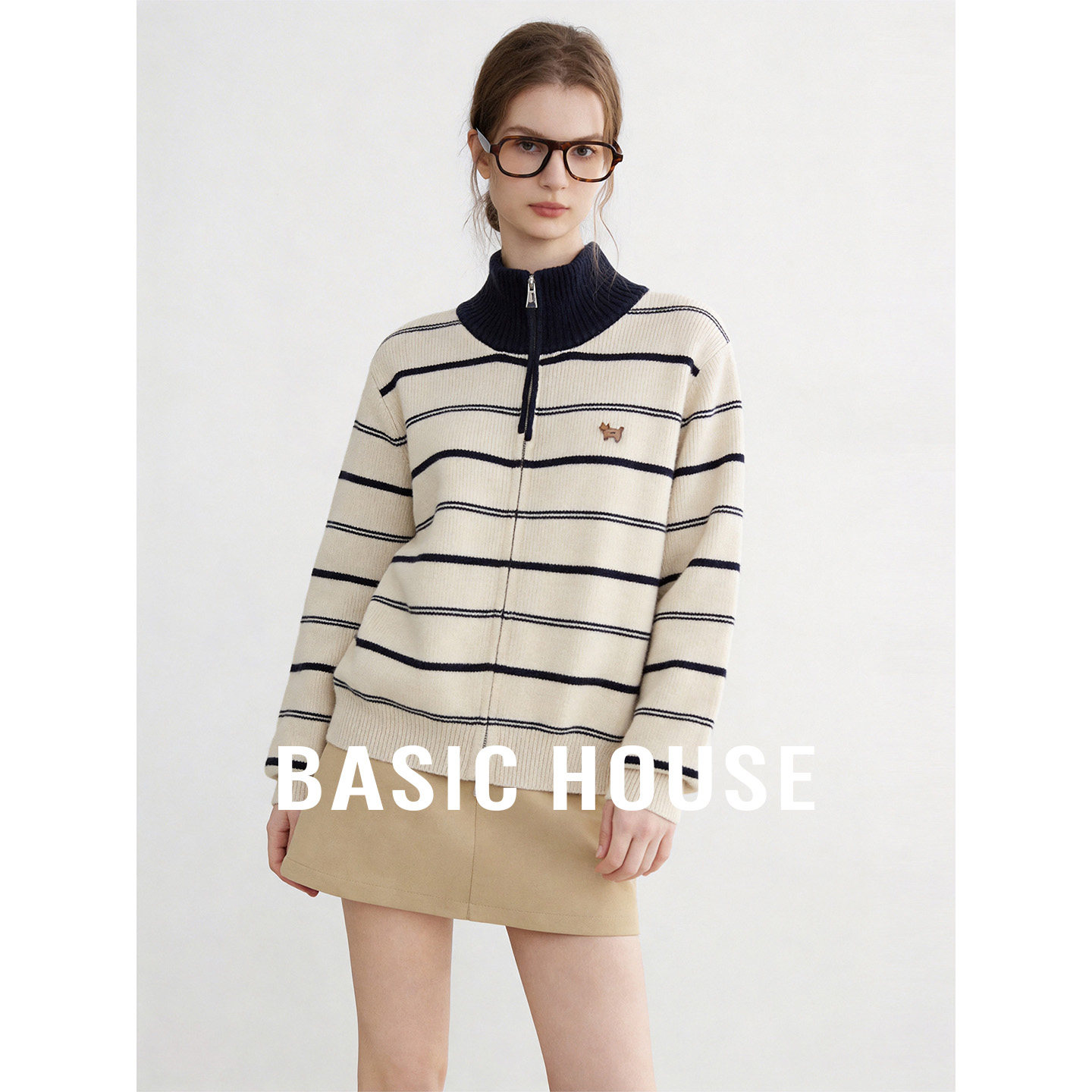 Basic House/百家好撞色条纹立领针织外套双拉链设计显瘦毛衣开衫