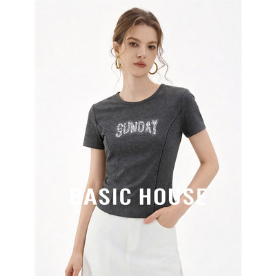 Basic House/百家好美式复古撞色字母正肩短袖T恤夏季短款上衣女