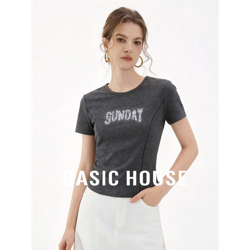 Basic House/百家好美式复古撞色字母正肩短袖T恤夏季短款上衣女