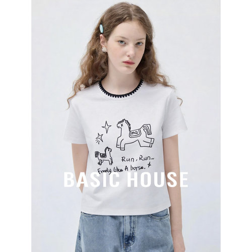 Basic House/百家好卡通风小马刺绣短袖T恤女夏圆领正肩短款上衣