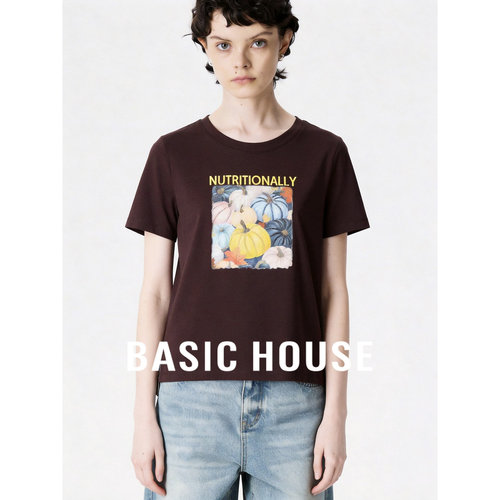 Basic House/百家好莫代尔亲肤宽松短袖T恤女26夏季正肩休闲上衣