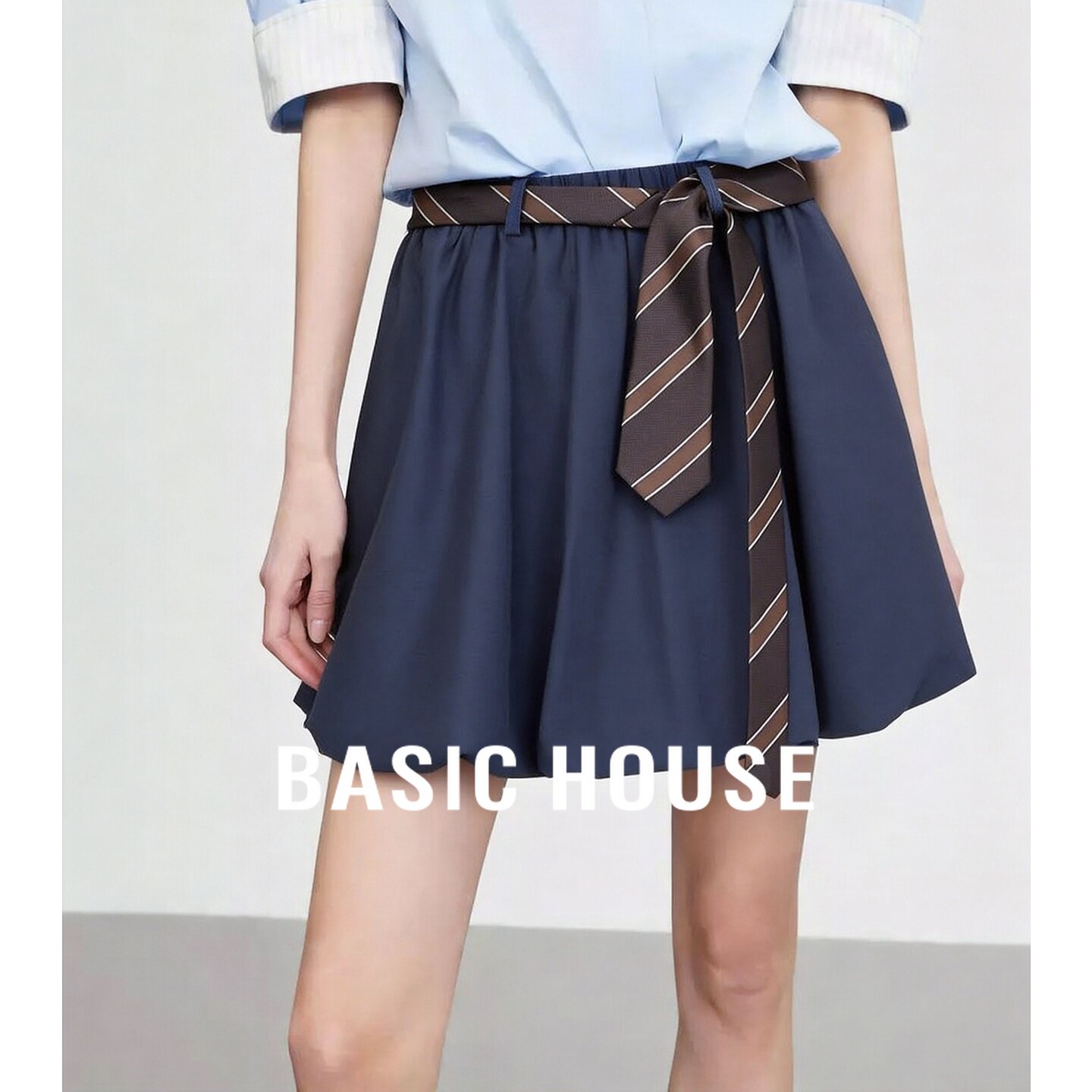 Basic House/百家好系带百褶半身裙女夏高腰A字裙显瘦藏青色短裙