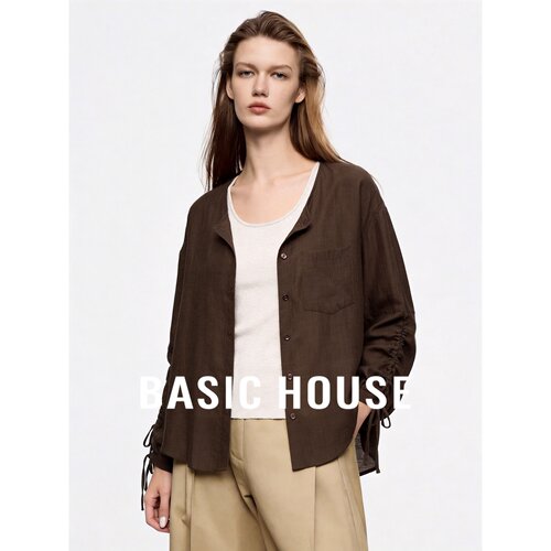 Basic House/百家好莱赛尔咖色衬衫长袖抽绳束袖口袋宽松通勤女秋