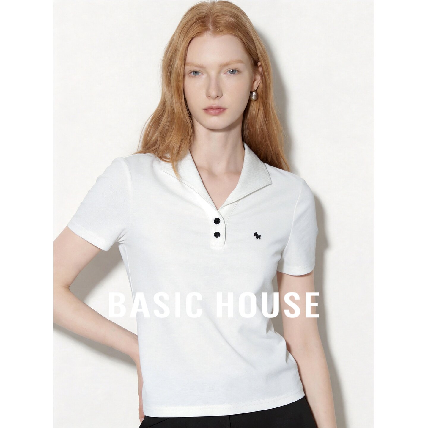 Basic House/百家好学院风翻领短袖POLO衫女莱赛尔休闲百搭T恤夏