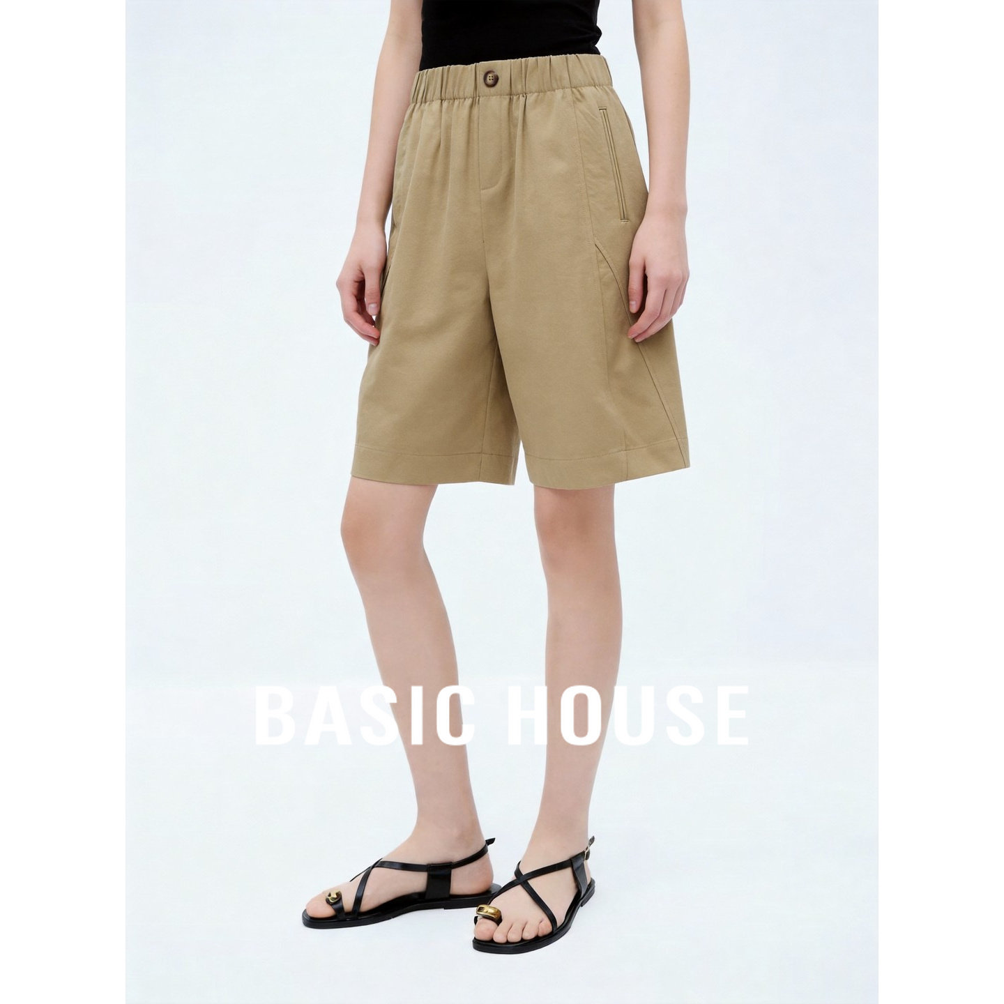 Basic House/百家好日式卡其色松紧腰休闲短裤女夏季五分裤百搭
