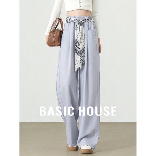 Basic House/百家好慵懒风丝巾腰带阔腿裤女夏季高腰垂感休闲长裤