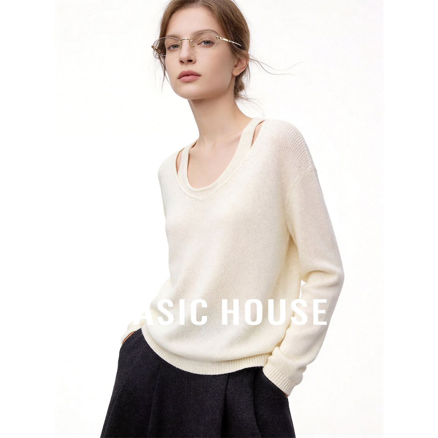 Basic House/百家好米色V领背心针织衫套装女26夏季舒适百搭上衣