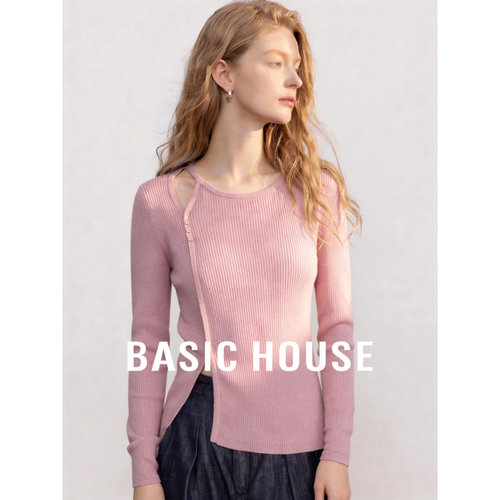 Basic House/百家好设计感不对称开襟针织衫女秋季修身显瘦上衣