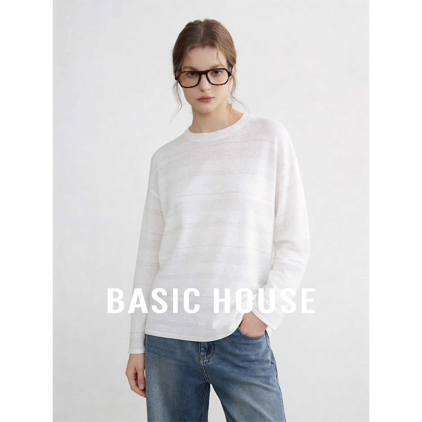 Basic House/百家好白色圆领宽松显瘦针织衫秋季百搭长袖内搭上衣