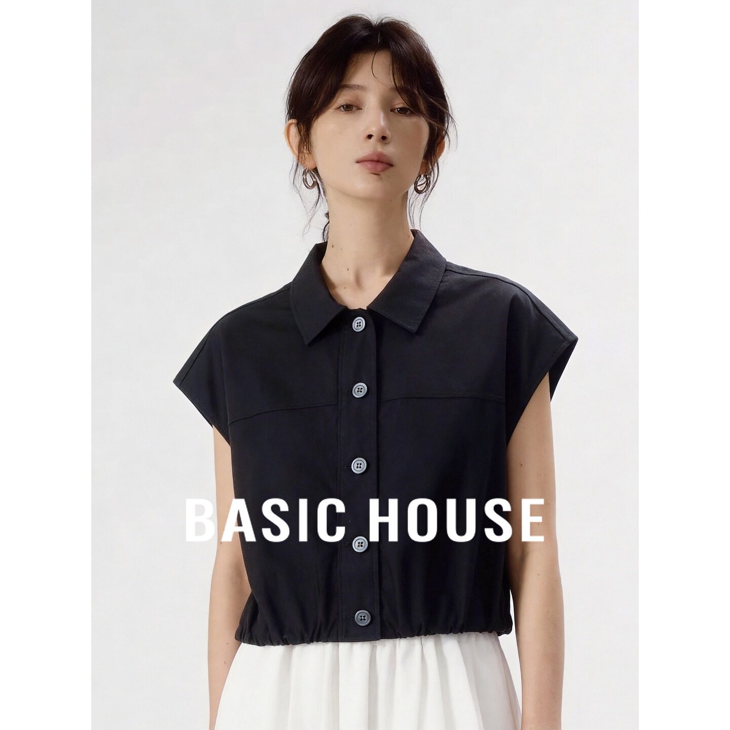 Basic House/百家好百搭黑色无袖上衣女宽松显瘦简约通勤气质衬衫