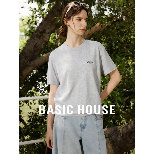 Basic House/百家好2026夏季纯色简约短袖T恤女宽松显瘦百搭上衣