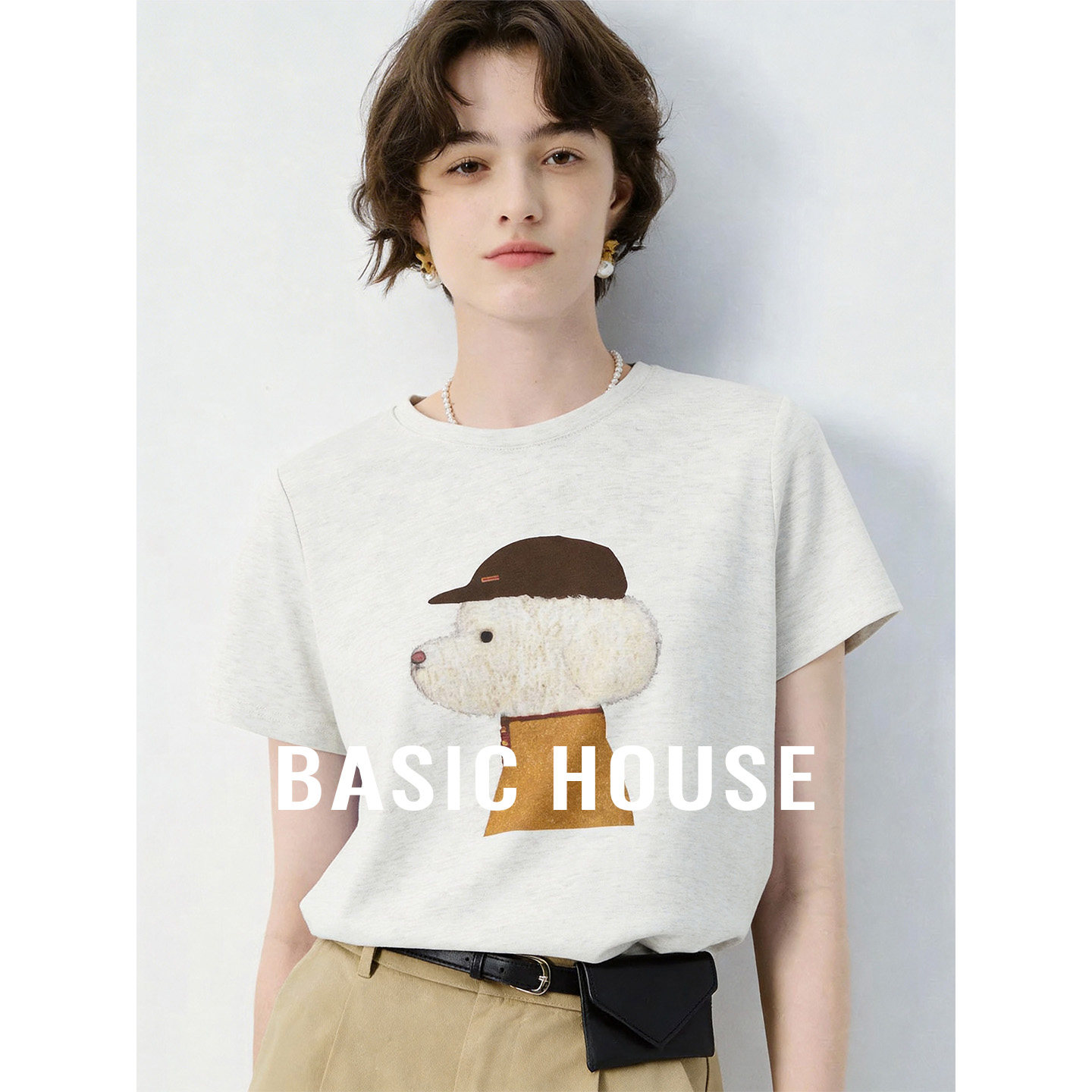 Basic House/百家好小狗印花短袖T恤女夏季新款宽松圆领套头上衣
