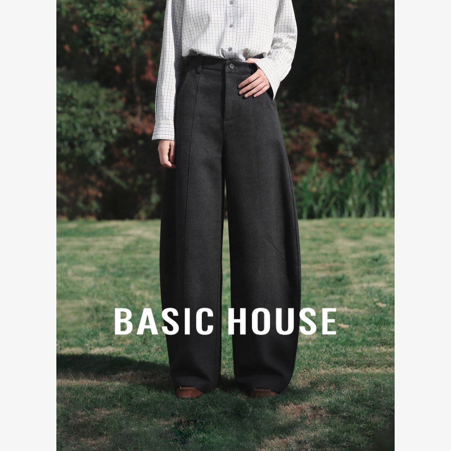 Basic House/百家好高腰百搭阔腿裤女装宽松垂感通勤显瘦休闲长裤
