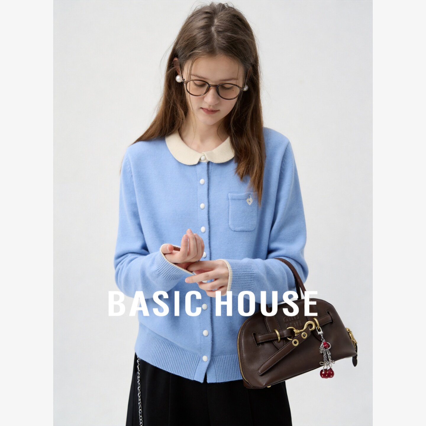 Basic House/百家好娃娃领撞色针织开衫女装百搭宽松减龄毛衣外套