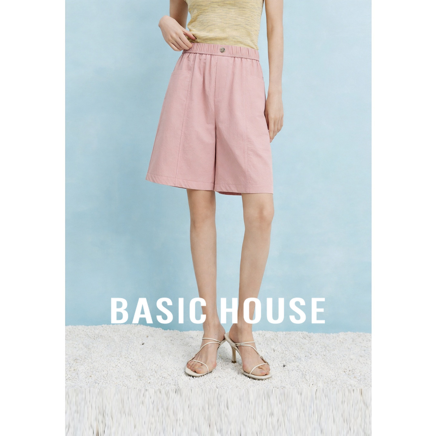 Basic House/百家好粉色简约高腰宽松短裤女夏时尚舒适百搭休闲裤