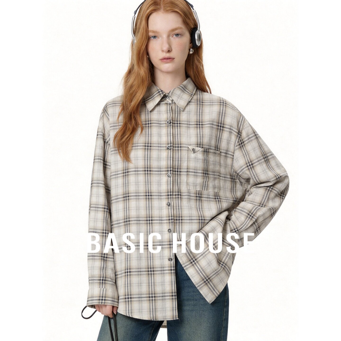Basic House/百家好日系复古格子衬衫女百搭长袖上衣慵懒风衬衣