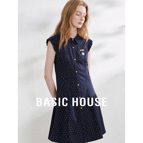 Basic House/百家好法式波点翻领收腰A字裙设计感衬衫连衣裙女夏