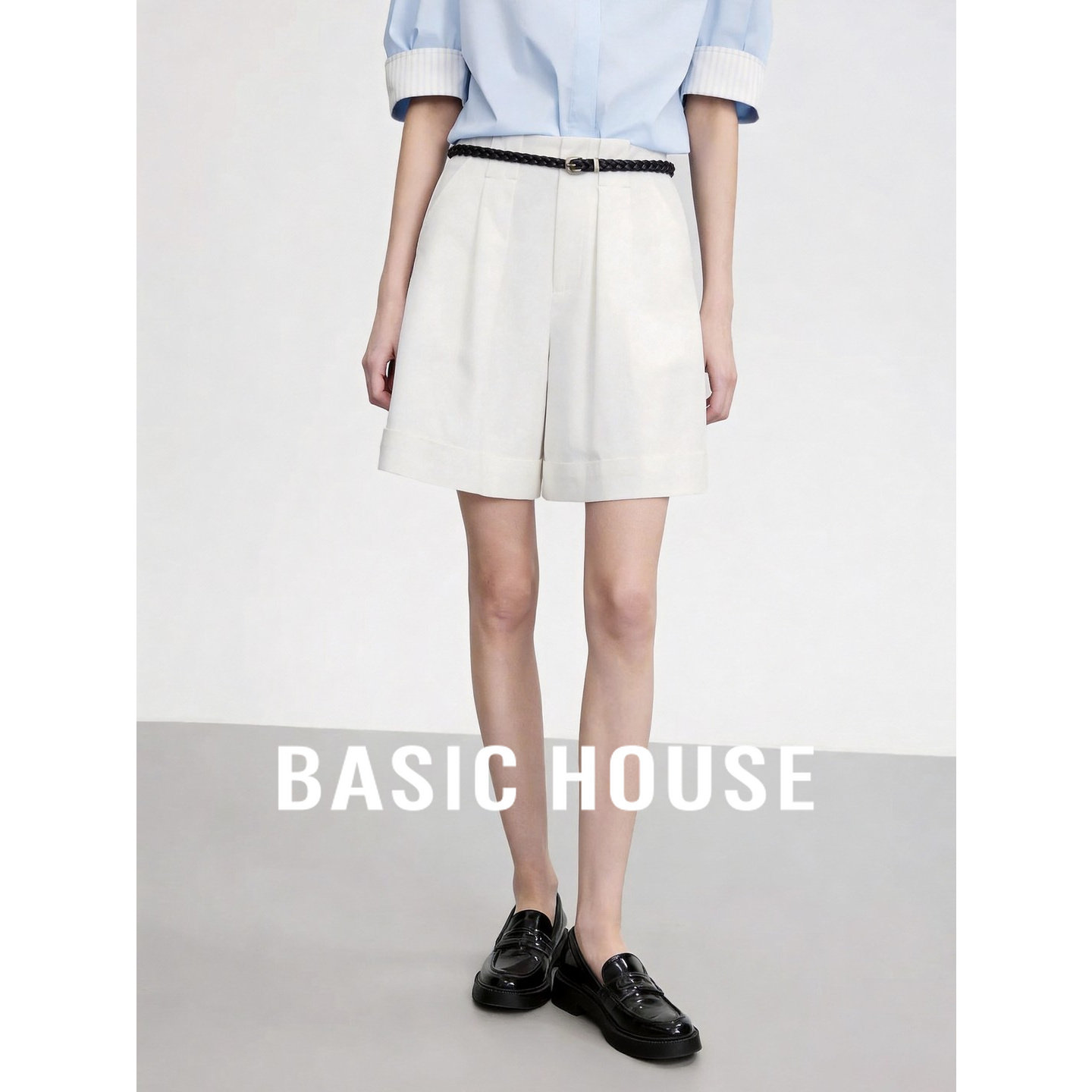 Basic House/百家好极简风白色高腰短裤女2026夏季纯棉简约休闲裤