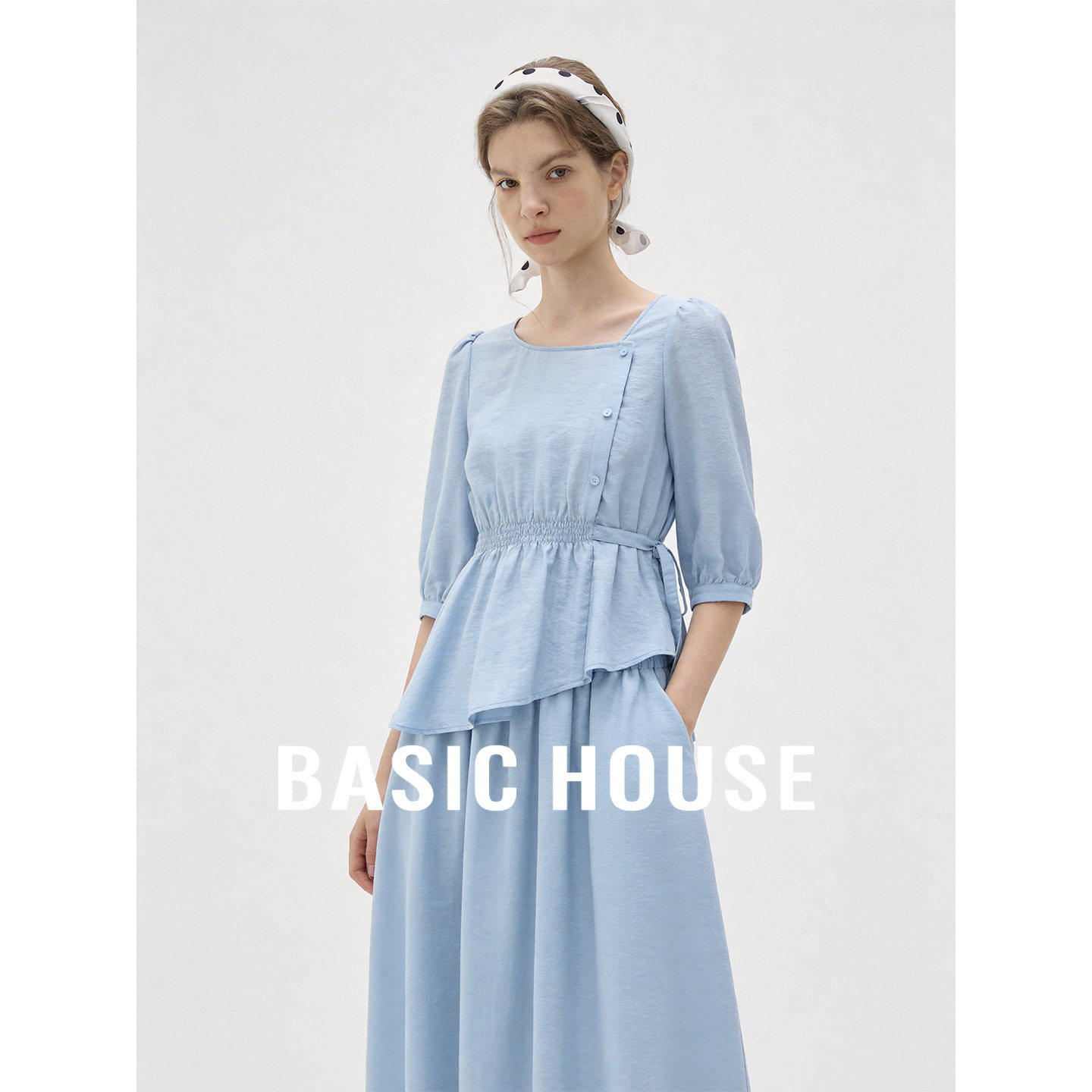 Basic House/百家好休闲套装女26夏季不规则衬衫宽松半身裙两件套