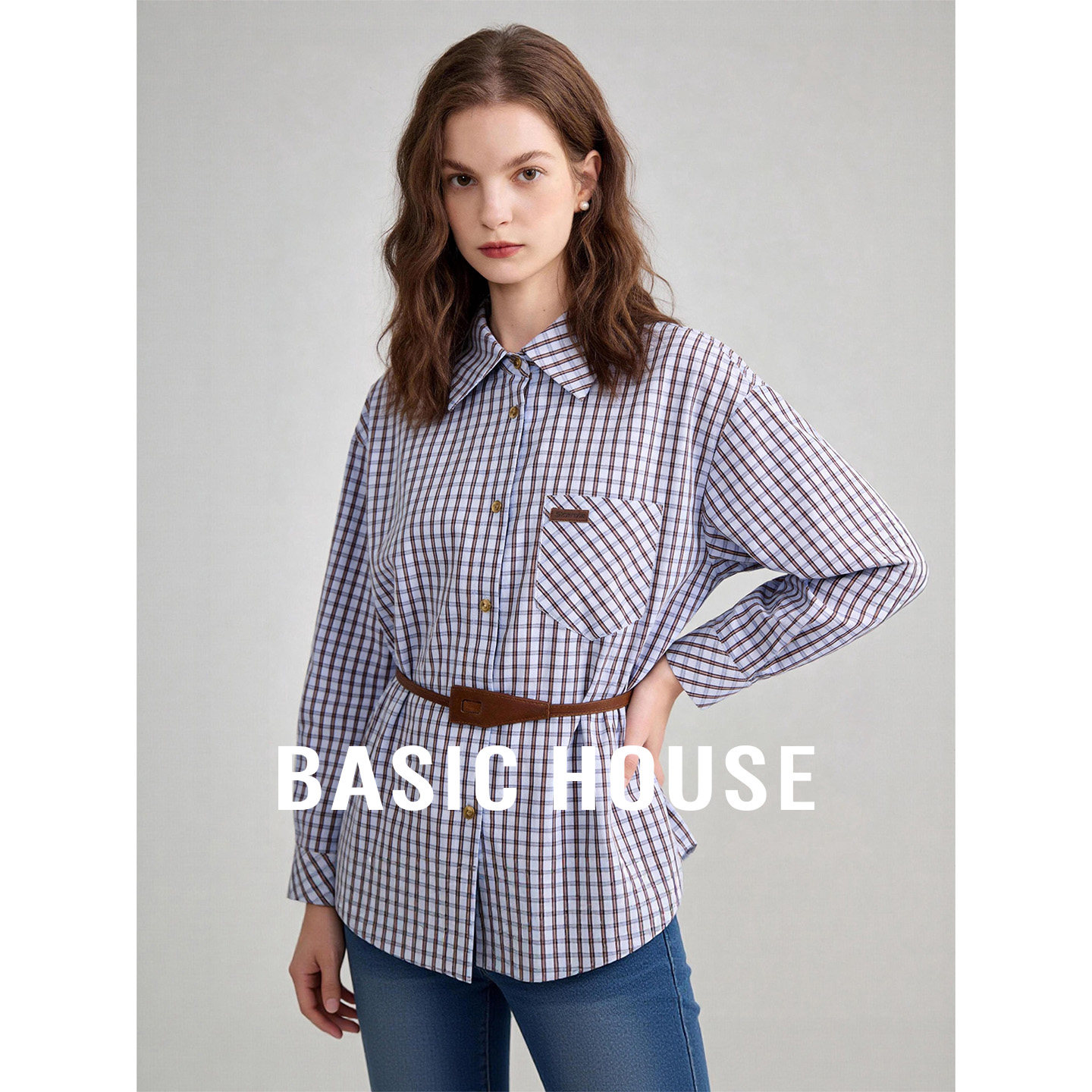 Basic House/百家好撞色格子宽松衬衫女秋季百搭系带收腰长袖衬衣
